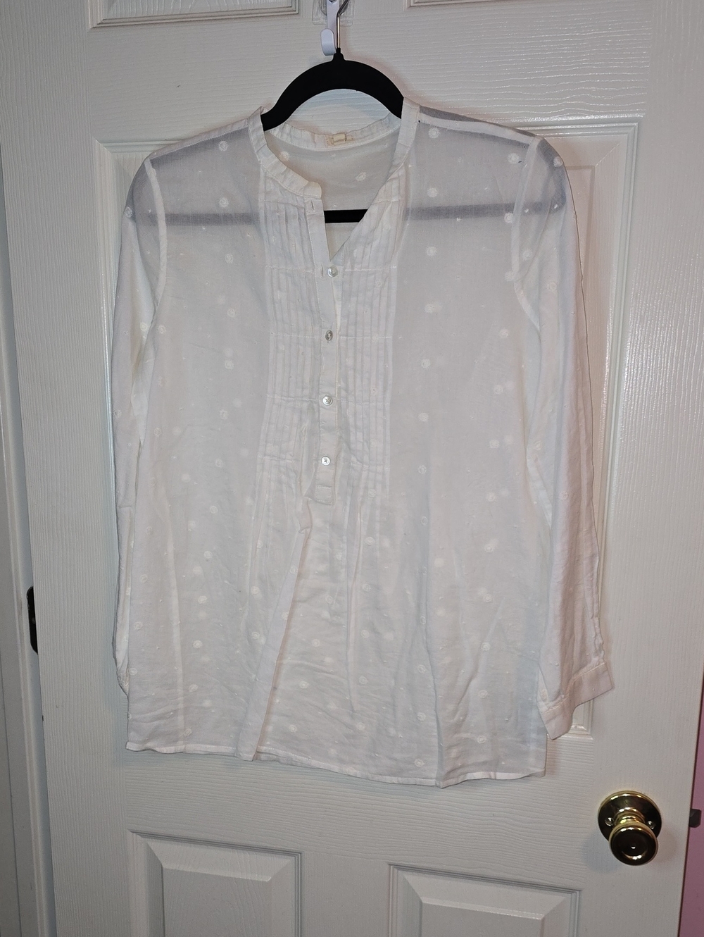 J. Crew White Swiss Dot Pintuck Henley Blouse